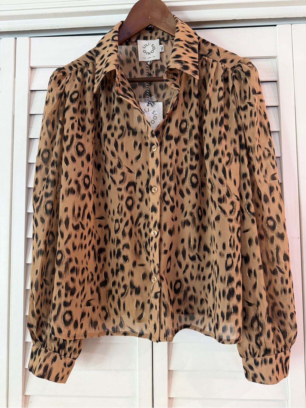 Lili Sidonio Semi-Sheer Leopard Print Button Up Blouse - Size S NWT